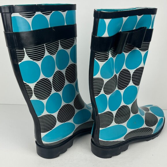 Weather Spirits Rain Boots Size 8 Blue Black Rubber Pull On Low Block Heel 1.3in - Picture 4 of 6